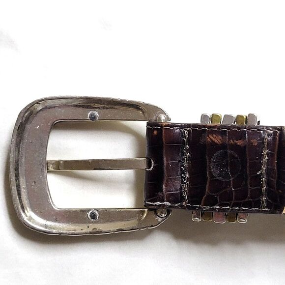 Brighton Women Size ML 32 Brown Croc Leather Silver Gold Buckle Loop Silverplate - Picture 4 of 9
